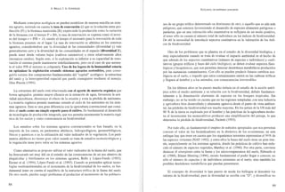 A. BELLO, J. A. GONZÁLEZ
Mediante conceptos ecológicos se pueden modelizar de manera sencilla un siste-
ma agrario, teniendo en cuenta la tasa de renovación (r) que es la relación ent.re pro-
ducción (P) y la biomasa mantenida (B); expre~;:lndo la producción como la variaci6n
de la biomasa con el tiempo P = BIt, la tasa de renovación se expresa como el inver-
so del tiempo r = P/B = lit, siendo el tiempo el necesario para la renovación de toda
la biomasa presente en el lugar. La tasa de renovación es altísima en los sistemas
agrarios, considerándose que la diversidad de las comunidades (diversidad y) vale
generalmenle cero y la diversidad de las comunidades en el espacio (diversidad B),
puede tener desde valores bajos (cultivos extensivos) a otros relativamente altos
(mosaicos rurales). Según esto, si la explotación es inferior a su capacidad de reno-
vación el sistema puede mantenerse indefinidamente, pero en el caso de que aumen-
te el valor P/B el sistema se colapsaría. Uno de los logros de la humanidad estaría
en optimizar la explotación creando sistemas agrarios sostenibles, para conse-
guirlo existen dos componentes fundamentales del "capital" ecológico: la estructura
del suelo y la heterogeneidad espacial que puede conseguirse mediante el manejo,
Díaz Pineda (1994).
La estructura del suelo está relacionada con el aporte de materia orgánica que
forma agregados, pennite mayor eficacia en la retención de agua, favorecen la acti-
vidad microbiana, disminuye el efecto de la erosión y evita la pérdida de nutrientes.
La materia orgánica pennite mantener cerrado el ciclo de los nutrientes en los siste-
mas agrarios. Esta es una gran diferencia con la agricultura convencional que consi-
dera al suelo como un simple soporte para el cultivo. Es fundamental el desarrollo
de tecnologías de producción integrada, que nos permita incrementar la materia orgá-
nica de los suelos y como consecuencia su biodiversidad.
Los estudios sobre los sistemas agrarios convencionales se han basado, en la
mayoría de los casos, en parámetros abióticos, hidrogeológicos, geomorfológicos,
físicos y químicos o en la utilización del valor indicador de la vegetación. Los pará-
metros abióticos no tienen gran valor cuando se trata de estudios ecotoxicológicos y
la vegetación tiene poco valor en los sistemas agrarios.
Como alternativa se propone utilizar el valor indicador de la fauna del suelo, que
ha demostrado ser muy útil en el estudio de las consecuencias de un uso abusivo de
plaguicidas y fertilizantes en los sistemas agrarios, Bello y López-Fando (1993),
Eseuer et al. (1994), López-Fando et al. (1993). Cuando se pretenden aplicar tecno-
logías medioambientales en el incremento de la biodiversidad de los suelos, es fun-
damental tener en cuenta el equilibrio de la estructura trófica de la fauna del suelo.
De otro modo, pueden surgir problemas al producirse el incremento de las poblacio-
88
ECOLOGÍA DE SISTEMAS AGRARIOS
nes de un grupo trófico determinado en detrimento de otro, o aquello que es atln más
peligroso, que estemos favoreciendo el desarrollo de especies altamente patógenas o
parásitas, que en una valoración sólo cuantitativa se reflejaría de un modo positivo,
al tener sólo en cuenta el número total de individuos en los índices de biodiversidad.
De ahí la necesidad de introducir aspectos cualitativos en la valoración de los índi-
ces de biodiversidad.
Otro de los problemas que se plantea en el estudio de la diversidad biológica, y
muy especialmente cuando se trata de evaluar el impacto ambiental es el hecho de
que además de los aspectos cuantitativos (número de especies e individuos) y cuali-
tativos (grupos trótIcos y fases del ciclo biológico), se deben evaluar aspectos f1sio-
lógicos y bioquimicos, que nos permiten detectar desórdenes metabólicos producidos
por las sustancias contaminantes. Con el10 se pueden predecir futuros cambios eco-
lógicos en el suelo, e impedir que estos contaminantes entren en las cadenas tróficas
y l1egucn al hombre y a los animales, con consecuencias irreversibles.
En los últimos años se ha puesto mucho énfasis en el estudio de la acción antró-
pica sobre el medio ambiente y su relación con la biodiversidad, debido fundamen-
talmente a la disminución alarmante de especies en los bosques tropicales. Sin
embargo, no se ha tenido en cuenta que en las regiones templadas, con una industria
y agricultura bien desarrollada y altamente agresiva desde el punto de vista ambien-
tal, las pérdidas de biodiversidad son mucho mayores. En los países de la DE más del
80 % de la tierra es explotada por el hombre y las prácticas de la agricultura moder-
na al incrementar los monocultivos producen una simplificación del paisaje, 10 que
determina la pérdida de biodiversidad, Paoletti (1993).
Por todo ello, es fundamental el empleo de métodos apropiados que nos permitan
conocer el valor de los bioindicadores en la dinámica de los ecosistemas; en este
enfoque hay que tener en cuenta que los organismos terrestres representan el 94% de
las especies vivientes (NAP, 1992), y entre ellos la fauna del suelo tiene un gran inte-
rés, especialmente en los sistemas agrarios, donde las prácticas de cultivo han redu-
cido el número de especies vegetales,. Matthey et al. (1990). Por otra parte, conviene
destacar el sinergismo entre la fauna y los microoorganismos del suelo, Edwards ct
al. (1988), Blaine Meeting (1994), sienclo fundamental el pocler llegar a conocer, no
sólo el número de especies y de individuos existentes en el suelo, sino también los
posibles desórdenes metabólicos que puedan presentarse.
El concepto de diversidad lo han puesto de moda los biólogos al descubrir los
valores de la biodiversidad, pero la diversidad se escribe con "D", y diversificar no
89
 