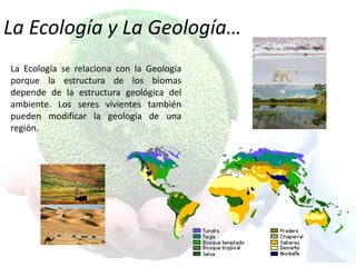 La Ecología y La Geología…
La Ecología se relaciona con la Geología
porque la estructura de los biomas
depende de la estructura geológica del
ambiente. Los seres vivientes también
pueden modificar la geología de una
región.
 