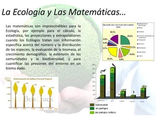 La Ecología y Las Matemáticas…
Las matemáticas son imprescindibles para la
Ecología, por ejemplo para el cálculo, la
estadística, las proyecciones y extrapolationes
cuando los Ecólogos tratan con información
específica acerca del número y la distribución
de las especies, la evaluación de la biomasa, el
crecimiento demográfico, la extensión de las
comunidades y la biodiversidad, y para
cuantificar las presiones del entorno en un
bioma dado.
 