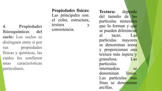 4. Propiedades
fisicoquímicas del
suelo: Los suelos se
distinguen entre sí por
sus propiedades
físicas y químicas, las
cuales les confieren
unas características
particulares.
Propiedades físicas:
Las principales son:
el color, estructura,
textura y
consistencia.
Textura: depende
del tamaño de las
partículas minerales
que lo forman y que
se pueden diferenciar
al tacto. Las
partículas mayores
se denominan arena
y proporcionan una
textura más áspera y
granulosa. Las
partículas
intermedias se
denominan limos.
Las partículas más
finas se denominan
arcillas.
 