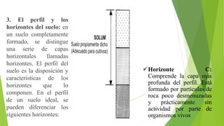 3. El perfil y los
horizontes del suelo: en
un suelo completamente
formado, se distingue
una serie de capas
horizontales llamadas
horizontes. El perfil del
suelo es la disposición y
características de los
horizontes que lo
componen. En el perfil
de un suelo ideal, se
pueden diferenciar los
siguientes horizontes:
Horizonte C:
Comprende la capa más
profunda del perfil. Está
formado por partículas de
roca poco desmenuzadas
y prácticamente sin
actividad por parte de
organismos vivos
 