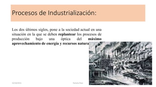 Procesos de Industrialización:
Los dos últimos siglos, pone a la sociedad actual en una
situación en la que se deben replantear los procesos de
producción bajo una óptica del máximo
aprovechamiento de energía y recursos naturales.
13/10/2015 Pamela Pozo
 