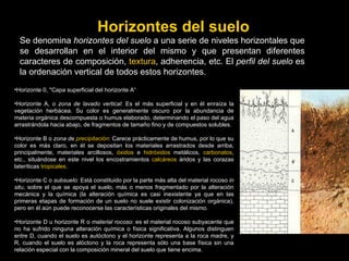 Horizontes del suelo
  Se denomina horizontes del suelo a una serie de niveles horizontales que
  se desarrollan en el interior del mismo y que presentan diferentes
  caracteres de composición, textura, adherencia, etc. El perfil del suelo es
  la ordenación vertical de todos estos horizontes.
•Horizonte 0, "Capa superficial del horizonte A“

•Horizonte A, o zona de lavado vertical: Es el más superficial y en él enraíza la
vegetación herbácea. Su color es generalmente oscuro por la abundancia de
materia orgánica descompuesta o humus elaborado, determinando el paso del agua
arrastrándola hacia abajo, de fragmentos de tamaño fino y de compuestos solubles.

•Horizonte B o zona de precipitación: Carece prácticamente de humus, por lo que su
color es más claro, en él se depositan los materiales arrastrados desde arriba,
principalmente, materiales arcillosos, óxidos e hidróxidos metálicos, carbonatos,
etc., situándose en este nivel los encostramientos calcáreos áridos y las corazas
lateríticas tropicales.

•Horizonte C o subsuelo: Está constituido por la parte más alta del material rocoso in
situ, sobre el que se apoya el suelo, más o menos fragmentado por la alteración
mecánica y la química (la alteración química es casi inexistente ya que en las
primeras etapas de formación de un suelo no suele existir colonización orgánica),
pero en él aún puede reconocerse las características originales del mismo.

•Horizonte D u horizonte R o material rocoso: es el material rocoso subyacente que
no ha sufrido ninguna alteración química o física significativa. Algunos distinguen
entre D, cuando el suelo es autóctono y el horizonte representa a la roca madre, y
R, cuando el suelo es alóctono y la roca representa sólo una base física sin una
relación especial con la composición mineral del suelo que tiene encima.
 