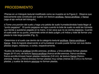PROCEDIMIENTO
•Piense en un triángulo textural modificado como se muestra en la Figura 2. Observe que
básicamente esta constituido por suelos con textura arcillosa, franco-arcillosa, y franca
(siga el eje vertical del triángulo).

d.Tome una porción del suelo y haga una pelota de suelo humedeciéndola hasta llegar al
“punto pegajoso”. El punto pegajoso se logra cuando la bola de suelo no está tan húmeda
que tienda a quedarse pegada en la mano, ni tan seca que no se sienta pegajosa. Cuando
el suelo esté en su punto, presiónelo entre el dedo pulgar y el índice y trate de formar una
plasta lo más larga posible (Fig. 3).

•Determine si el suelo cae dentro de la categoría textural arcillosa, franco-arcillosa,o
franca. Esto lo logrará observando si al humedecer el suelo puede formar con sus dedos
plastas largas, medianas, o cortas, respectivamente.

•Suelos de textura arcillosa (arcillo-arenosa, arcillosa, y limo-arcillosa) forman plastas
largas (8-10 cm); de textura franco-arcillosa (franco-arcillo-arenosa, franco-arcillosa,
franco-acrcillo-limosa) hacen plastas medianas (3-8 cm); de textura franca (franco-
arenosa, franca, y franco-limosa) forman plastas muy cortas (menos de 3 cm) o no forman
plastas, y suelos de textura arenosa no forman plastas.
 