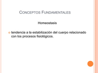 CONCEPTOS FUNDAMENTALES

                      Homeostasis

   tendencia a la estabilización del cuerpo relacionado
    con los procesos fisiológicos.
 