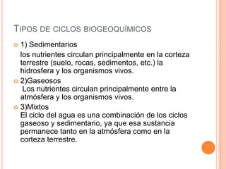 TIPOS DE CICLOS BIOGEOQUÍMICOS
 1) Sedimentarios
  los nutrientes circulan principalmente en la corteza
  terrestre (suelo, rocas, sedimentos, etc.) la
  hidrosfera y los organismos vivos.
 2)Gaseosos
   Los nutrientes circulan principalmente entre la
  atmósfera y los organismos vivos.
 3)Mixtos
  El ciclo del agua es una combinación de los ciclos
  gaseoso y sedimentario, ya que esa sustancia
  permanece tanto en la atmósfera como en la
  corteza terrestre.
 