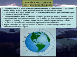 La circulación de las masas de  aire se producen a nivel global La región ecuatorial es la que recibe la mayor cantidad anual de radiación solar. El aire caliente  se eleva, a causa de que es menos denso que el aire más frío que tiene por encima. El aire caldeado de la región tropical sube a la parte alta de la atmósfera, provocando una bajada  de presión en la superficie terrestre. La elevación de nuevas masas de aire causa un empuje que hace que el aire de las capas altas se  desplacen hacia los polos en dirección norte y sur. A medida que las masas de aire se aproximan  a los polos, se enfrían y se hacen más pesadas, cayendo sobre las regiones Ártica y Antártica. Las masas de aire en descenso incrementan la presión a nivel de la superficie. Después, el aire más frío y pesado se mueve en dirección al ecuador, reemplazando así al aire  cálido que se eleva en los trópicos.  