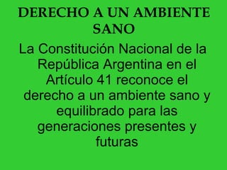 DERECHO A UN AMBIENTE SANO La Constitución Nacional de la República Argentina en el Artículo 41 reconoce el derecho a un ambiente sano y equilibrado para las generaciones presentes y futuras