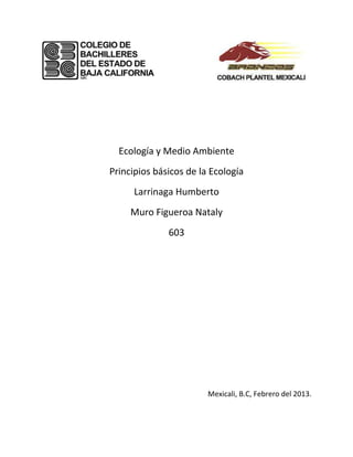 Ecología y Medio Ambiente
Principios básicos de la Ecología
      Larrinaga Humberto
     Muro Figueroa Nataly
              603




                        Mexicali, B.C, Febrero del 2013.
 
