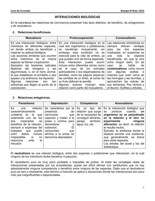 Liceo de Coronado Biología XI Nivel, 2016
5
INTERACCIONES BIOLÓGICAS
En la naturaleza las relaciones de convivencia presentan tres tipos distintos: de beneficio, de antagonismo
y de neutralismo.
2. Relaciones beneficiosas.
Mutualismo Protocooperación Comensalismo
Es una interacción biológica, entre
individuos de diferentes especies,
en donde ambos se benefician y
mejoran su aptitud biológica.
Las acciones similares que ocurren
entre miembros de la misma
especie se llaman cooperación.
Ejemplos: las bacterias radicales
fijadoras del nitrógeno y las
leguminosas, o, en el reino animal,
la que establecen el ermitaño o pez
payaso y la anémona; los líquenes.
Algunas relaciones son tan
estrechas que llegan al punto de la
coevolución.
Es una interacción biológica en la
cual dos organismos o poblaciones
se benefician mutuamente, sin
embargo esta condición no es
esencial para la vida de ambos, ya
que pueden vivir de forma separada.
Esta interacción puede ocurrir
incluso entre diferentes reinos como
es el caso de los animales
polinizadores o los dispersadores de
semillas; como los pájaros esparcen
las semillas de un árbol, al comer de
su fruto defecan la semilla.
Algunos autores incluyen esta
relación como parte del mutualismo.
Las relaciones simbióticas no
siempre ofrecen ventajas
para las dos especies
implicadas: en ocasiones es
una sola la especie
beneficiada, sin que la otra
sufra ningún daño. En tal
caso se habla de
comensalismo, como ocurre
con algunas arañas e
insectos que viven cerca de
las hormigas y las termitas, y
aprovechan las sobras de
sus alimentos. Pez rémora y
el tiburón. Epífitas y árboles.
3. Relaciones antagónicas.
Parasitismo Depredación Competencia Amensalismo
Es una relación
característicamente
unilateral en la que
solamente uno de los
dos implicados se
beneficia de la relación,
siempre a expensas del
huésped, que puede
sufrir daños incluso
irreparables si no
reacciona ante la
intrusión.
Se caracteriza por la
presencia de
carnívoros que
capturan y matan a la
presa o víctima para
alimentarse y
sobrevivir. El
consumidor que
elimina a la presa se
denomina depredador.
Es un tipo de
relación que surge
de la necesidad de
conseguir alimento,
pareja, territorio,
agua, luz, etc.
Es la interacción biológica que
se produce cuando un
organismo se ve perjudicado
en la relación y el otro no
experimenta ninguna
alteración, es decir, la relación
le resulta neutra.
Ejemplo: la antibiosis donde la
especie excreta una sustancia,
que generalmente, es tóxica
para otras especies.
Los árboles del dosel y los del
sotobosque.
El neutralismo es una relación biológica, entre dos especies o poblaciones que interactúan, en la cual
ninguno de los individuos recibe beneficio ni perjuicio.
El neutralismo puro es muy poco probable o imposible de probar. Al tratar las complejas redes de
interacciones presentadas por los ecosistemas, puede ser difícil afirmar con certidumbre que no hay
absolutamente ninguna competencia o beneficio entre ninguna de las especies. Dado que el neutralismo
puro es raro o inexistente, este término a menudo se aplica a situaciones donde las interacciones son poco
más que insignificantes o despreciables.
 