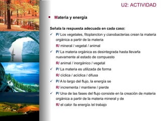 Señala la respuesta adecuada en cada caso: P/   Los vegetales, fitoplancton y cianobacterias crean la materia orgánica a partir de la materia   R/   mineral / vegetal / animal P/  La materia orgánica es desintegrada hasta llevarla nuevamente al estado de compuesto  R/  animal / inorgánico / vegetal P/  La materia es utilizada de forma  R/  cíclica / acíclica / difusa  P/  A lo largo del flujo, la energía se  R/  incrementa / mantiene / pierde P/  Una de las fases del flujo consiste en la creación de materia orgánica a partir de la materia mineral y de R/  el calor /la energía /el trabajo U2: ACTIVIDAD M ateria y energía 