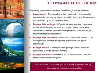 Existen algunas subdivisiones dentro de la Ecología misma, ellas son: Autoecología    Estudio del organismo individual; lo que necesita y tolera a través de todas las etapas de su ciclo vital, por su forma de vida funcionamiento, y por su medio ambiente.  Ecología de la población    Estudia las poblaciones de organismos: todos los individuos de una especie que viven en una región, en un mismo tiempo. El comportamiento de la población, su estabilidad, su crecimiento rápido o decadencia.  Ecología de la comunidad   Estudia las comunidades bióticas: todos los organismos de todas las especies que viven en una región determinada.  Ecología aplicada     Tiene por objeto proteger la naturaleza y su equilibrio en el medio ambiente humano. Ecología de sistemas     Usa la teoría de sistemas como base para estudiar los sistemas ecológicos.  La comprensión de la ecología es importante para el manejo adecuado de los recursos naturales.   U 1: DIVISIONES DE LA ECOLOGÍA 