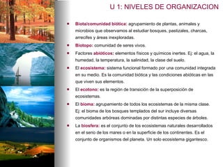 Biota/comunidad biótica:  agrupamiento de plantas, animales y microbios que observamos al estudiar bosques, pastizales, charcas, arrecifes y áreas inexploradas. Biotopo:  comunidad de seres vivos.  Factores  abióticos :  elementos físicos y químicos inertes. Ej: el agua, la humedad, la temperatura, la salinidad, la clase del suelo. El   ecosistema:  sistema funcional formado por una comunidad integrada en su medio. Es la comunidad biótica y las condiciones abióticas en las que viven sus elementos. El  ecotono:  es la región de transición de la superposición de ecosistemas. El  bioma:  agrupamiento de todos los ecosistemas de la misma clase. Ej: el bioma de los bosques templados del sur incluye diversas comunidades arbóreas dominadas por distintas especies de árboles.  La  biosfera:  es el conjunto de los ecosistemas naturales desarrollados en el seno de los mares o en la superficie de los continentes. Es el conjunto de organismos del planeta. Un solo ecosistema gigantesco. U 1: NIVELES DE ORGANIZACION 