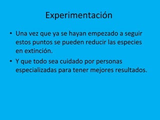 Experimentación  Una vez que ya se hayan empezado a seguir estos puntos se pueden reducir las especies en extinción.  Y que todo sea cuidado por personas especializadas para tener mejores resultados. 