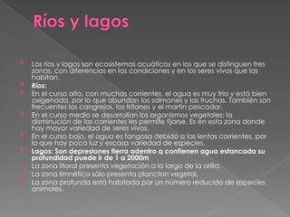 Ríos y lagosLos ríos y lagos son ecosistemas acuáticos en los que se distinguen tres zonas, con diferencias en las condiciones y en los seres vivos que las habitan.Ríos:En el curso alto, con muchas corrientes, el agua es muy fría y está bien oxigenada, por lo que abundan los salmones y las truchas. También son frecuentes los cangrejos, los tritones y el martín pescador.En el curso medio se desarrollan los organismos vegetales: la disminución de las corrientes les permite fijarse. Es en esta zona donde hay mayor variedad de seres vivos.En el curso bajo, el agua es fangosa debido a las lentas corrientes, por lo que hay poca luz y escasa variedad de especies.Lagos: Son depresiones tierra adentro q contienen agua estancada su profundidad puede ir de 1 a 2000m La zona litoral presenta vegetación a lo largo de la orilla.La zona limnética sólo presenta plancton vegetal.La zona profunda está habitada por un número reducido de especies animales.