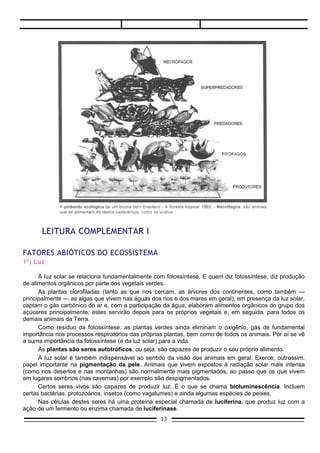 LEITURA COMPLEMENTAR I

FATORES ABIÓTICOS DO ECOSSISTEMA
1º) Luz

      A luz solar se relaciona fundamentalmente com fotossíntese. E quem diz fotossíntese, diz produção
de alimentos orgânicos por parte dos vegetais verdes.
      As plantas clorofiladas (tanto as que nos cercam, as árvores dos continentes, como também —
principalmente — as algas que vivem nas águas dos rios e dos mares em geral), em presença da luz solar,
captam o gás carbônico do ar e, com a participação da água, elaboram alimentos orgânicos do grupo dos
açúcares principalmente; estes servirão depois para os próprios vegetais e, em seguida, para todos os
demais animais da Terra.
      Como resíduo da fotossíntese, as plantas verdes ainda eliminam o oxigênio, gás de fundamental
importância nos processos respiratórios das próprias plantas, bem como de todos os animais. Por aí se vê
a suma importância da fotossíntese (e da luz solar) para a vida.
      As plantas são seres autotróficos, ou seja, são capazes de produzir o seu próprio alimento.
      A luz solar é também indispensável ao sentido da visão dos animais em geral. Exerce, outrossim,
papel importante na pigmentação da pele. Animais que vivem expostos à radiação solar mais intensa
(como nos desertos e nas montanhas) são normalmente mais pigmentados, ao passo que os que vivem
em lugares sombrios (nas cavernas) por exemplo são despigmentados.
      Certos seres vivos são capazes de produzir luz. É o que se chama bioluminescência. Incluem
certas bactérias, protozoários, insetos (como vagalumes) e ainda algumas espécies de peixes.
      Nas células destes seres há uma proteína especial chamada de luciferina, que produz luz com a
ação de um fermento ou enzima chamada de luciferinase.
                                                  13
 