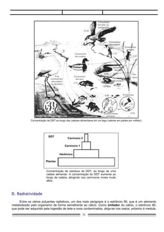 Concentração de DDT ao longo das cadeias alimentares em um lago (valores em partes por milhão).




                          DDT
                                          Carnívero 2

                                        Carnívoro 1


                                   Herbívoro

                        Plantas


                          Concentração de resíduos de DDT, ao longo de uma
                          cadeia alimentar. A concentração do DDT aumenta ao
                          longo da cadeia, atingindo nos carnívoros níveis muito
                          altos.



D. Radiatividade
      Entre os vários poluentes radiativos, um dos mais perigosos é o estrôncio 90, que é um elemento
metabolizado pelo organismo de forma semelhante ao cálcio. Como imitador do cálcio, o estrôncio 90,
que pode ser adquirido pela ingestão de leite e ovos contaminados, aloja-se nos ossos, próximo à medula.
A radiatividade emitida pode alterar a atividade da medula óssea na produção de células sanguíneas, com
o perigo de levar o indivíduo a uma forte anemia ou a adquirir leucemia.
      O perigo da radiatividade pode ser tristemente comprovado no Brasil, em setembro de 1987. Uma
bomba de césio (equipamento usado para tratamento de câncer) abandonada nas antigas instalações de
uma clínica, no centro de Goiânia, foi aberta a golpes de marreta num ferro-velho. A fonte radiativa, uma
pequena pastilha com pó de césio 137, ficou exposta durante vários dias e foi intensamente manuseada,
contaminando mais de duzentas pessoas. Cerca de vinte adoeceram gravemente e algumas delas
morreram. Muitas áreas da cidade ficaram contaminadas e várias casas tiveram até de ser demolidas.
      Os elementos radiativos, entretanto, quando bem manipulados, podem ser muito úteis ao homem.
Assim, o césio 137 e o cobalto 60 são muito utilizados em equipamentos para tratamento de tumores
cancerosos ou em bombas que se prestam à esterilização de insetos nocivos à agricultura.
E. Petróleo

      Uma camada de óleo sobrenadante, de 1 cm de espessura, basta para reduzir a capacidade de luz
na água de cerca de 200 m para cerca de 20 m, afetando significativamente a atividade fotossintetizante
das algas situadas nas regiões mais profundas. A mancha negra dificulta a oxigenação da água,
provocando a morte de inúmeras formas de vida aeróbicas por asfixia.
      O fitoplâncton envenenado transfere o óleo, através da cadeia alimentar, intoxicando os demais
níveis tróficos.



F. Poluição sonora

     A intensidade de um som pode ser medida através de uma unidade chamada de decibel (o aparelho
que mede a intensidade de um som chama-se decibelímetro).

                                                         31
 