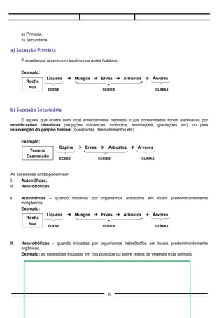 a) Primária.
      b) Secundária.

a) Sucessão Primária

      É aquela que ocorre num local nunca antes habitado.

      Exemplo:
                   LÍquens     Musgos  Ervas  Arbustos  Árvores
        Rocha
         Nua
                   ECESE                        SÉRIES                    CLÍMAX




b) Sucessão Secundária

      É aquela que ocorre num local anteriormente habitado, cujas comunidades foram eliminadas por
modificações climáticas (erupções vulcânicas, incêndios, inundações, glaciações etc), ou pela
intervenção do próprio homem (queimadas, desmatamentos etc).

      Exemplo:
                           Capins    Ervas       Arbustos  Árvores
         Terreno
        Desmatado
                           ECESE             SÉRIES              CLÍMAX



As sucessões ainda podem ser:
I.   Autotróficas;
II.  Heterotróficas.

I.    Autotróficas – quando iniciadas por organismos autótrofos em locais predominantemente
      inorgânicos.
      Exemplo:
                   LÍquens  Musgos  Ervas  Arbustos  Árvores
         Rocha
          Nua
                   ECESE                        SÉRIES                    CLÍMAX




II.   Heterotróficas – quando iniciadas por organismos heterótrofos em locais predominantemente
      orgânicos.
      Exemplo: as sucessões iniciadas em rios poluídos ou sobre restos de vegetais e de animais.




                                                   6
 