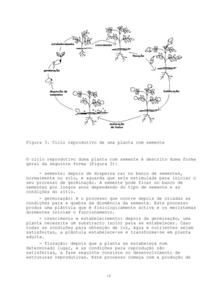 Figura 3. Ciclo reprodutivo de uma planta com semente


O ciclo reprodutivo duma planta com semente é descrito duma forma
geral da seguinte forma (Figura 3):

     - semente: depois de dispersa cai no banco de sementes,
normalmente no solo, e aguarda que seja estimulada para iniciar o
seu processo de germinação. A semente pode ficar no banco de
sementes por longos anos dependendo do tipo de semente e as
condições do sítio.
     - germinação: é o processo que ocorre depois de criadas as
condições para a quebra da dormência da semente. Este processo
produz uma plântula que é fisiologicamente activa e os meristemas
dormentes iniciam o funcionamento.
     - crescimento e estabelecimento: depois da germinação, uma
planta necessita um substracto (solo) para se estabelecer. Caso
todas as condições para obtenção de luz, água e nutrientes sejam
satisfeitas, a plântula estabelece-se e transforma-se em planta
adulta.
     - floração: depois que a planta se estabeleça num
determinado lugar, e as condições para reprodução são
satisfeitas, a fase seguinte consiste no desenvolvimento de
estruturas reprodutivas. Este processo começa com a produção de



                              10
 