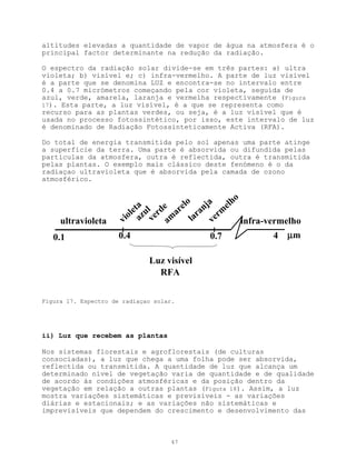 altitudes elevadas a quantidade de vapor de água na atmosfera é o
principal factor determinante na redução da radiação.

O espectro da radiação solar divide-se em três partes: a) ultra
violeta; b) visível e; c) infra-vermelho. A parte de luz visível
é a parte que se denomina LUZ e encontra-se no intervalo entre
0.4 a 0.7 micrómetros começando pela cor violeta, seguida de
azul, verde, amarela, laranja e vermelha respectivamente (Figura
17). Esta parte, a luz visível, é a que se representa como
recurso para as plantas verdes, ou seja, é a luz visível que é
usada no processo fotossintético, por isso, este intervalo de luz
é denominado de Radiação Fotossinteticamente Activa (RFA).

Do total de energia transmitida pelo sol apenas uma parte atinge
a superfície da terra. Uma parte é absorvida ou difundida pelas
partículas da atmosfera, outra é reflectida, outra é transmitida
pelas plantas. O exemplo mais clássico deste fenómeno é o da
radiaçao ultravioleta que é absorvida pela camada de ozono
atmosférico.

                                                 o
                             a l de relo nja elh
                           et
                         ol azu ver ma lara erm
     ultravioleta      vi           a       v      infra-vermelho
   0.1                0.4                   0.7           4 µm

                              Luz visível
                                RFA

Figura 17. Espectro de radiaçao solar.




ii) Luz que recebem as plantas

Nos sistemas florestais e agroflorestais (de culturas
consociadas), a luz que chega a uma folha pode ser absorvida,
reflectida ou transmitida. A quantidade de luz que alcança um
determinado nível de vegetação varia de quantidade e de qualidade
de acordo às condições atmosféricas e da posição dentro da
vegetação em relação a outras plantas (Figura 18). Assim, a luz
mostra variações sistemáticas e previsíveis - as variações
diárias e estacionais; e as variações não sistemáticas e
imprevisíveis que dependem do crescimento e desenvolvimento das



                                     47
 