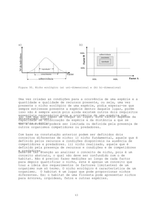 a)                                               b)

                                                 máx.
No de indivíduos




                                                                     sobrevivência




                                                   Factor B
                                                                      crescimento

                                                                       reprodução



                      reprodução
                                                 mín.

                     crescimento   Factor
                   sobrevivência                              mín.                   máx.   Factor A


Figura 30. Nicho ecológico (a) uni-dimensional e (b) bi-dimensional



Uma vez criadas as condições para a ocorrência de uma espécie e a
quantidade e qualidade de recursos presente, ou seja, uma vez
presente o nicho ecológico de uma espécie, podia esperar-se que
sempre estivesse presente a espécie dentro daquele lugar, porém
isso não é sempre assim pois ainda existem outros dois requisitos
essenciais necessáriosde chegar ao lugar;de umafactor depende da
(a) tem que ser capaz para a ocorrência este espécie num
determinadode colonização da espécie e da distância a que se
capacidade lugar:
encontra o sítio;poderá ser limitada ou definida pela presença de
(b) a ocorrência
outros organismos competidores ou predadores.

Com base na constatação anterior podem ser definidos dois
conceitos diferentes de nicho: i) nicho fundamental, aquele que é
definido pelos recursos e condições disponíveis na ausência de
competidores e predadores. ii) nicho realizado, aquele que é
definido pela presença de recursos e condições e de competidores
e predadores.
Deve-se ter atenção ao analisar o conceito de nicho, pois é um
conceito abstrato, o qual não deve ser confundido com o de
habitat. Não é preciso fazer medições ao longo de cada factor
para depois quantificar o nicho, este é apenas um conceito que
traz a ideia dos requerimentos (e factores limitantes) de um
organismo num só termo. O nicho ecológico é característica de um
organismo. O habitat é um lugar que pode proporcionar nichos
diferentes. Ex: o habitat de uma floresta pode apresentar nichos
para árvores, orquídeas, fetos e outras espécies.




                                            63
 