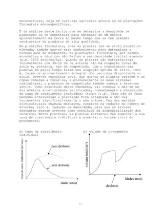 monoculturas, seja em culturas agrícolas anuais ou em plantações
florestais monoespecíficas.

É da análise deste factor que se determina a densidade de
plantação ou de sementeira para obtenção de um melhor
aproveitamento da terra ao mesmo tempo que se tem grandes
rendimentos de produtos de alta qualidade.
Em plantções florestais, onde as plantas tem um ciclo produtivo
elevado, também usa-se este conhecimento para determinar a
necessidade de desbastes. As plantações florestais, por razões
económicas e técnicas são feitas a uma densidade inicial elevada
(p.e. 1600 árvores/ha). Quando as plantas são estabelecidas
(normalmente com 30-50 cm de altura) não há ocupação total do
sítio e, portanto, não há competição. Com o crescimento das
plantas em pouco tempo fazem uma ocupação óptima do sítio, isto
é, fazem um aproveitamento integral dos recursos disponíveis no
sítio. Deve-se ressaltar aqui, que quando as plantas crescem e as
copas começam a tocar-se, e provavelmente os seus sistemas
radiculares, o processo de competição também começa a fazer-se
sentir. Como resultado deste fenómeno, vai começar a dar-se um
dos efeitos anteriormente verificados, nomeadamente a diminuição
da taxa de crescimento individual (Figura 35.a). Caso não se faça
nenhuma intervenção a plantação fica estagnada e não vai
incrementar significativamente o seu volume. Uma das medidas
silviculturais chamada desbaste, consiste na redução do número de
árvores, isto é, redução da densidade, para que as árvores
restantes possam crescer como resultado da disponibilização dos
recursos. Neste processo, as plantas restantes vão aumentar a sua
taxa de crescimento individual e aumentar o volume total do
povoamento.


a) taxa de crescimento                                         b) volume do povoamento
individual
taxa de cresc. individual (m3/ano)




                                                               volume total (m3)




                                     com desbaste




                                     sem desbaste



                                                                                              idade (anos)
                                           idade (anos)
                                                                                   desbaste




                                                          71
 