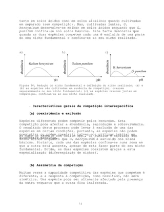 tanto em solos ácidos como em solos alcalinos quando cultivadas
em separado (sem competição). Mas, cultivadas juntas, G.
hercynicum desenvolve-se melhor em solos ácidos enquanto que G.
pumilum confina-se nos solos básicos. Este facto demonstra que
quando as duas espécies competem cada uma é excluida de uma parte
do seu nicho fundamental e confina-se ao seu nicho realizado.



a)                                    b)                                 c)




                                                                         abundância
abundância




             Galium hercynicum        abundância   Galium pumilum
                                                                                      G. hercynicum
                                                                                                      G. pumilum

                                 pH                                 pH                                     pH
Figura 36. Redução do nicho fundamental e definição do nicho realizado. (a) e
(b) as espécies são cultivadas em ausência de competição, crescem
separadamente no seu nicho fundamental; (c) as espécies crescem juntas em
competição, confinam-se ao seu nicho realizado.



             . Características gerais da competição interespecífica

             (a) coexistência e exclusão

Espécies diferentes podem competir pelos recursos. Esta
competição pode afectar a abundância, reprodução e sobrevivência.
O resultado deste processo pode levar à exclusão de uma das
espécies em certas condições, portanto, as espécies não podem
coexistir; ou podemcom Galium talvezG. pumilum é excluido em
No caso do exemplo coexistir spp., por utilizar habitat dos
diferentes maneiras. que G. hercynicum é excluido dos solos
solos ácidos enquanto
básicos. Portanto, cada uma das espécies confina-se numa zona em
que a outra está ausente, apesar de esta fazer parte do seu nicho
fundamental. Então, as duas espécies coexistem graças a esta
especialização (diferenciação de nichos).


             (b) Assimetria da competição

Muitas veses a capacidade competitiva das espécies que competem é
diferente, e a resposta à competição, como resultado, não será
simétrica. Uma espécie pode ser altamente afectada pela presença
da outra enquanto que a outra fica inalterada.




                                                       73
 