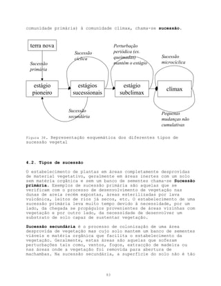 comunidade primária) à comunidade clímax, chama-se sucessão.



 terra nova                           Perturbação
                  Sucessão            periódica (ex.
                  cíclica             queimadas)         Sucessão
 Sucessão                             mantêm o estágio   microcíclica
 primária


  estágio           estágios              estágio
                                                           clímax
  pioneiro        sucessionais          subclimax

                Sucessão
                                                         Pequenas
                secundária
                                                         mudanças não
                                                         cumulativas

Figura 38.Representação esquemática dos diferentes tipos de
sucessão vegetal



4.2. Tipos de sucessão

O estabelecimento de plantas em áreas completamente desprovidas
de material vegetativo, geralmente em áreas inertes com um solo
sem matéria orgânica e sem um banco de sementes chama-se Sucessão
primária. Exemplos de sucessão primária são aquelas que se
verificam com o processo de desenvolvimento de vegetação nas
dunas de areia recém expostas, áreas esterilizadas por lava
vulcânica, leitos de rios já secos, etc. O estabelecimento de uma
sucessão primária leva muito tempo devido à necessidade, por um
lado, da chegada se propágulos provenientes de áreas vizinhas com
vegetação e por outro lado, da necessidade de desenvolver um
substrato de solo capaz de sustentar vegetação.

Sucessão secundária é o processo de colonização de uma área
desprovida de vegetação mas cujo solo mantem um banco de sementes
viáveis e matéria orgânica que facilita o estabelecimento da
vegetação. Geralmente, estas áreas são aquelas que soferam
perturbações tais como, ventos, fogos, extracção de madeira ou
nas áreas onde a vegetação foi removida para abertura de
machambas. Na sucessão secundária, a superfície do solo não é tão



                                 83
 