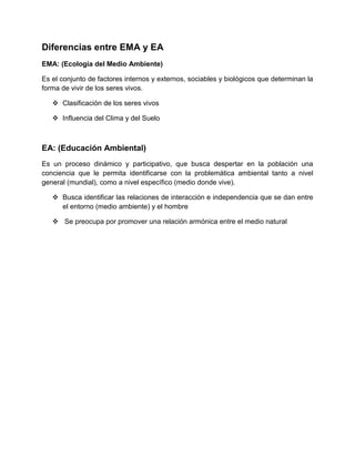 Diferencias entre EMA y EA
EMA: (Ecología del Medio Ambiente)

Es el conjunto de factores internos y externos, sociables y biológicos que determinan la
forma de vivir de los seres vivos.

    Clasificación de los seres vivos

    Influencia del Clima y del Suelo



EA: (Educación Ambiental)
Es un proceso dinámico y participativo, que busca despertar en la población una
conciencia que le permita identificarse con la problemática ambiental tanto a nivel
general (mundial), como a nivel específico (medio donde vive).

    Busca identificar las relaciones de interacción e independencia que se dan entre
     el entorno (medio ambiente) y el hombre

    Se preocupa por promover una relación armónica entre el medio natural
 