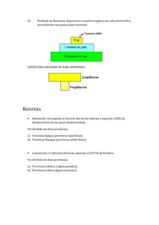 III.      Pirâmide de Biomassa: Representa a matéria orgânica de cada nível trófico,
            normalmente não possui base invertida.




  EXISTE UMA EXCESSÃO DE BASE INVERTIDA:




BIOSFERA
         Epinociclo: correspode ao biociclo das terras emersas ( equivale a 28% da
         biosfera) biociclo de maior biodiversidade.

  Foi dividido em duas províncias:

  a) Provincia Epígea (província superficial);
  b) Provincia Hipogea (província subterrânea).



         Lumnociclo: é o biociclo dulcícola, equivale a 0,017% da biosfera.

  Foi dividido em duas províncias:

  a) Provincias Lêntica ( águas paradas);
  b) Provincias Lótica (águas correntes).
 