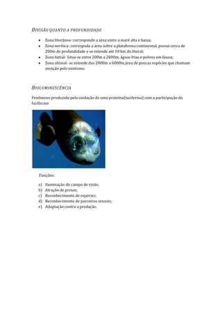 D IVISÃO QUANTO A PROFUNDIDADE
        Zona litorânea- corresponde a área entre a maré alta e baixa;
        Zona nerítica- correspode a área sobre a plataforma continental, possui cerca de
        200m de profundidade e se estende até 10 km do litoral;
        Zona batial- Situa-se entre 200m a 2000m, águas frias e pobres em fauna;
        Zona abissal- se estende dos 2000m a 6000m,área de poucas espécies que chamam
        atenção pelo exotismo.



B IOLUMINESCÊNCIA
Fenômeno produzido pela oxidação de uma proteína(luciferina) com a participação da
luciferase




   Funções:

   a)   Iluminação do campo de visão;
   b)   Atração de presas;
   c)   Reconhecimento de espécies;
   d)   Reconhecimento de parceiros sexuais;
   e)   Adaptação contra a predação.
 
