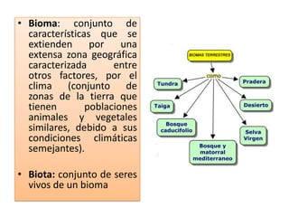 • Bioma: conjunto de
  características que se
  extienden      por    una
  extensa zona geográfica
  caracterizada       entre
  otros factores, por el
  clima (conjunto de
  zonas de la tierra que
  tienen        poblaciones
  animales y vegetales
  similares, debido a sus
  condiciones climáticas
  semejantes).

• Biota: conjunto de seres
  vivos de un bioma
 