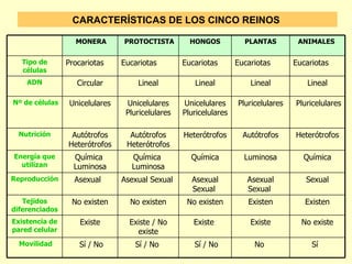 CARACTERÍSTICAS DE LOS CINCO REINOS

                  MONERA        PROTOCTISTA         HONGOS           PLANTAS         ANIMALES


  Tipo de       Procariotas     Eucariotas        Eucariotas       Eucariotas       Eucariotas
  células
    ADN            Circular         Lineal           Lineal            Lineal           Lineal

Nº de células    Unicelulares    Unicelulares     Unicelulares     Pluricelulares   Pluricelulares
                                 Pluricelulares   Pluricelulares

  Nutrición      Autótrofos       Autótrofos      Heterótrofos       Autótrofos     Heterótrofos
                Heterótrofos     Heterótrofos
Energía que       Química          Química          Química          Luminosa         Química
  utilizan        Luminosa         Luminosa
Reproducción      Asexual       Asexual Sexual      Asexual           Asexual          Sexual
                                                    Sexual            Sexual
   Tejidos       No existen       No existen       No existen         Existen          Existen
diferenciados
Existencia de       Existe        Existe / No        Existe            Existe         No existe
pared celular                       existe
  Movilidad        Sí / No         Sí / No           Sí / No            No               Sí
 