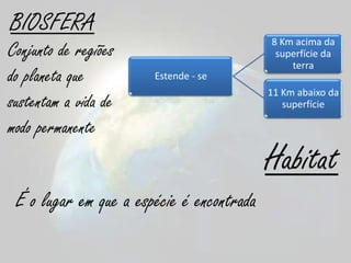BIOSFERA
                                           8 Km acima da
Conjunto de regiões                         superfície da
                                               terra
do planeta que         Estende - se
                                           11 Km abaixo da
sustentam a vida de                           superfície

modo permanente
                                           Habitat
 É o lugar em que a espécie é encontrada
 