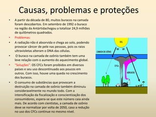 Causas, problemas e proteções
•   A partir da década de 80, muitos buracos na camada
    foram descobertos. Em setembro de 1992 o buraco
    na região da Antártidachegou a totalizar 24,9 milhões
    de quilômetros quadrados.
•   Problemas:
•   A radiação não é absorvida e chega ao solo, podendo
    provocar câncer de pele nas pessoas, pois os raios
    ultravioletas alteram o DNA das células.
•    O buraco na camada de ozônio também tem uma
    leve relação com o aumento do aquecimento global.
•   “Soluções”: OS CFCs foram proibidos em diversos
    países e seu uso descontinuado aos poucos em
    outros. Com isso, houve uma queda no crescimento
    dos buracos.
•   O consumo de substâncias que provocam a
    destruição na camada de ozônio também diminuiu
    consideravelmente no mundo todo. Com a
    intensificação da fiscalização e conscientização dos
    consumidores, espera-se que este número caia ainda
    mais. De acordo com cientistas, a camada de ozônio
    deve se normalizar por volta de 2050, caso a redução
    no uso dos CFCs continue no mesmo nível.
 