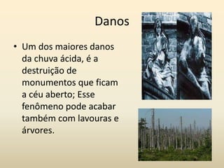 Danos
• Um dos maiores danos
  da chuva ácida, é a
  destruição de
  monumentos que ficam
  a céu aberto; Esse
  fenômeno pode acabar
  também com lavouras e
  árvores.
 