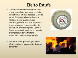 Efeito Estufa
    – O efeito estufa tem colaborado com
      o aumento da temperatura no globo
      terrestre nas últimas décadas. O efeito
      estufa é gerado pela derrubada de
      florestas e pela queimada das
      mesmas, pois são elas que regulam a
      temperatura, os ventos e o nível de
      chuvas em diversas regiões. Como as
      florestas estão diminuindo no mundo,
      a temperatura terrestre tem
      aumentado na mesma proporção.

    – Um outro fator que está gerando o
      efeito estufa é o lançamento de gases
      poluentes.
•
 