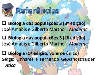  Biologia das populações 3 (3ª edição)
José Amabis e Gilberto Martho | Moderna
 Biologia das populações 3 (1ª edição)
José Amabis e Gilberto Martho | Moderna
 Biologia (1ª edição, volume único)
Sérgio Linhares e Fernando Gewandsznajder
| Ática
 
