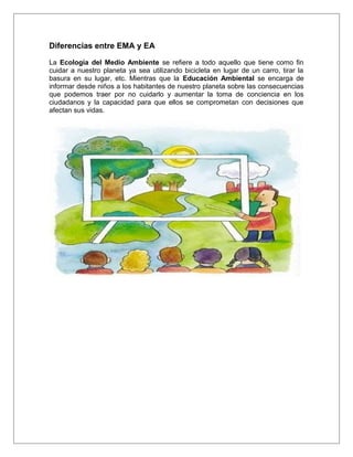 Diferencias entre EMA y EA

La Ecología del Medio Ambiente se refiere a todo aquello que tiene como fin
cuidar a nuestro planeta ya sea utilizando bicicleta en lugar de un carro, tirar la
basura en su lugar, etc. Mientras que la Educación Ambiental se encarga de
informar desde niños a los habitantes de nuestro planeta sobre las consecuencias
que podemos traer por no cuidarlo y aumentar la toma de conciencia en los
ciudadanos y la capacidad para que ellos se comprometan con decisiones que
afectan sus vidas.
 