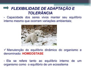 FLEXIBILIDADE DE ADAPTAÇÃO E
TOLERÂNCIA
- Capacidade dos seres vivos manter seu equilíbrio
interno mesmo que ocorram variações ambientais;
 Manutenção do equilíbrio dinâmico do organismo e
denominado: HOMEOSTASE
- Ela se refere tanto ao equilíbrio interno de um
organismo como o equílibrio de um ecossitema
 