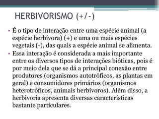 HERBIVORISMO (+/-)
• É o tipo de interação entre uma espécie animal (a
espécie herbívora) (+) e uma ou mais espécies
vegetais (-), das quais a espécie animal se alimenta.
• Essa interação é considerada a mais importante
entre os diversos tipos de interações bióticas, pois é
por meio dela que se dá a principal conexão entre
produtores (organismos autotróficos, as plantas em
geral) e consumidores primários (organismos
heterotróficos, animais herbívoros). Além disso, a
herbivoria apresenta diversas características
bastante particulares.
 