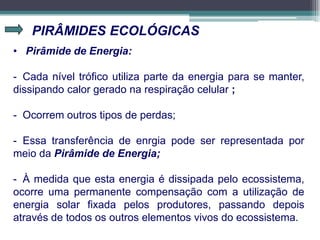 PIRÂMIDES ECOLÓGICAS
• Pirâmide de Energia:
- Cada nível trófico utiliza parte da energia para se manter,
dissipando calor gerado na respiração celular ;
- Ocorrem outros tipos de perdas;
- Essa transferência de enrgia pode ser representada por
meio da Pirâmide de Energia;
- À medida que esta energia é dissipada pelo ecossistema,
ocorre uma permanente compensação com a utilização de
energia solar fixada pelos produtores, passando depois
através de todos os outros elementos vivos do ecossistema.
 