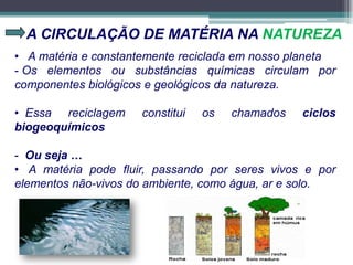 A CIRCULAÇÃO DE MATÉRIA NA NATUREZA
• A matéria e constantemente reciclada em nosso planeta
- Os elementos ou substâncias químicas circulam por
componentes biológicos e geológicos da natureza.
• Essa reciclagem constitui os chamados ciclos
biogeoquímicos
- Ou seja …
• A matéria pode fluir, passando por seres vivos e por
elementos não-vivos do ambiente, como água, ar e solo.
 
