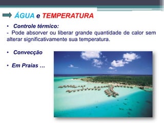 ÁGUA e TEMPERATURA
• Controle térmico:
- Pode absorver ou liberar grande quantidade de calor sem
alterar significativamente sua temperatura.
• Convecção
• Em Praias …
 