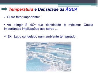 Temperatura e Densidade da ÁGUA
- Outro fator importante:
• Ao atingir é 4Co sua densidade é máxima: Causa
importantes implicações aos seres …
 Ex: Lago congelado num ambiente temperado.
 