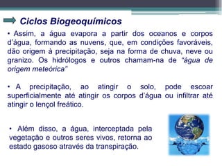 Ciclos Biogeoquímicos
• Assim, a água evapora a partir dos oceanos e corpos
d’água, formando as nuvens, que, em condições favoráveis,
dão origem à precipitação, seja na forma de chuva, neve ou
granizo. Os hidrólogos e outros chamam-na de “água de
origem meteórica”
• A precipitação, ao atingir o solo, pode escoar
superficialmente até atingir os corpos d’água ou infiltrar até
atingir o lençol freático.
• Além disso, a água, interceptada pela
vegetação e outros seres vivos, retorna ao
estado gasoso através da transpiração.
 