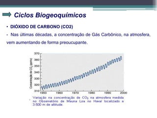 Ciclos Biogeoquímicos
• DIÓXIDO DE CARBONO (CO2)
- Nas últimas décadas, a concentração de Gás Carbônico, na atmosfera,
vem aumentando de forma preoucupante.
 
