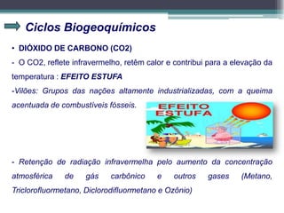 Ciclos Biogeoquímicos
• DIÓXIDO DE CARBONO (CO2)
- O CO2, reflete infravermelho, retêm calor e contribui para a elevação da
temperatura : EFEITO ESTUFA
-Vilões: Grupos das nações altamente industrializadas, com a queima
acentuada de combustíveis fósseis.
- Retenção de radiação infravermelha pelo aumento da concentração
atmosférica de gás carbônico e outros gases (Metano,
Triclorofluormetano, Diclorodifluormetano e Ozônio)
 