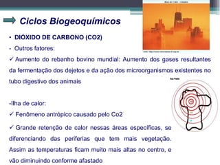 Ciclos Biogeoquímicos
• DIÓXIDO DE CARBONO (CO2)
- Outros fatores:
 Aumento do rebanho bovino mundial: Aumento dos gases resultantes
da fermentação dos dejetos e da ação dos microorganismos existentes no
tubo digestivo dos animais
-Ilha de calor:
 Fenômeno antrópico causado pelo Co2
 Grande retenção de calor nessas áreas específicas, se
diferenciando das periferias que tem mais vegetação.
Assim as temperaturas ficam muito mais altas no centro, e
vão diminuindo conforme afastado
 