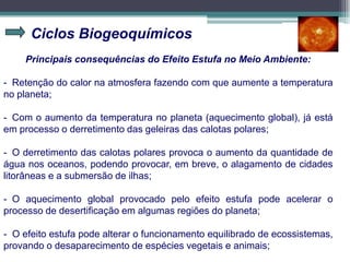 Ciclos Biogeoquímicos
Principais consequências do Efeito Estufa no Meio Ambiente:
- Retenção do calor na atmosfera fazendo com que aumente a temperatura
no planeta;
- Com o aumento da temperatura no planeta (aquecimento global), já está
em processo o derretimento das geleiras das calotas polares;
- O derretimento das calotas polares provoca o aumento da quantidade de
água nos oceanos, podendo provocar, em breve, o alagamento de cidades
litorâneas e a submersão de ilhas;
- O aquecimento global provocado pelo efeito estufa pode acelerar o
processo de desertificação em algumas regiões do planeta;
- O efeito estufa pode alterar o funcionamento equilibrado de ecossistemas,
provando o desaparecimento de espécies vegetais e animais;
 